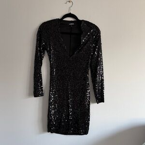 Black Sequin Long-Sleeve V-Neck Mini Dress